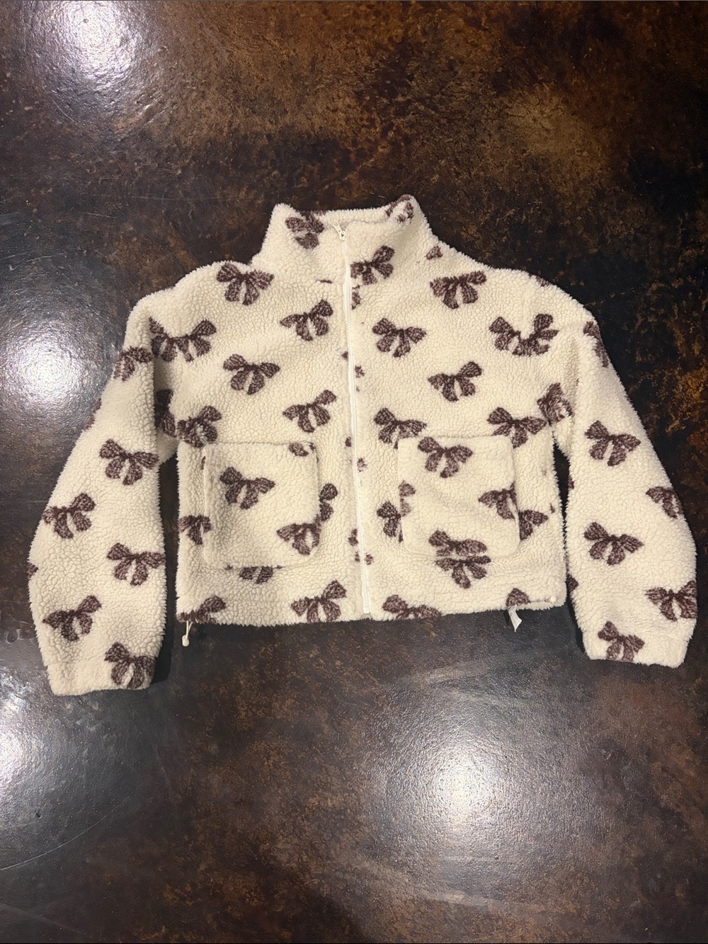 Dry Goods Cream Sherpa Jacket with Brown Bow Print